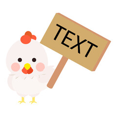 Cute little white chick holding text memo wood board, chicken front face. Isolated on white background, EPS10 vector