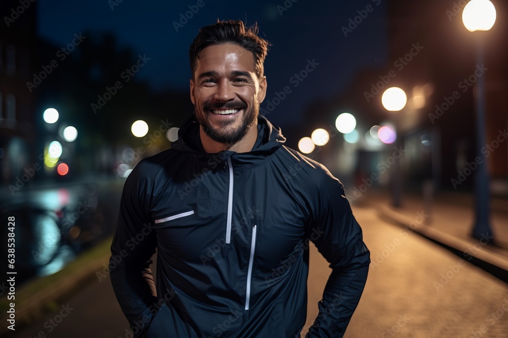 Poster Athletic young man in sportswear smiling while standing on the street at night