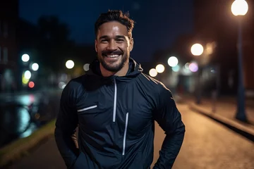 Deurstickers Athletic young man in sportswear smiling while standing on the street at night © Nerea