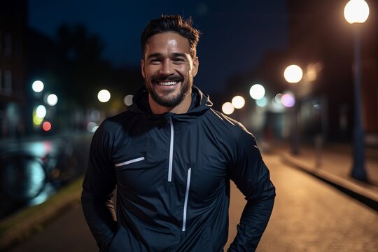 Athletic young man in sportswear smiling while standing on the street at night