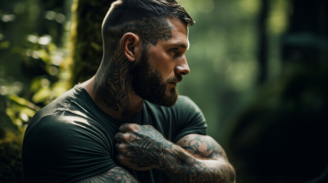muscular man with nature themed tattoos in a forest