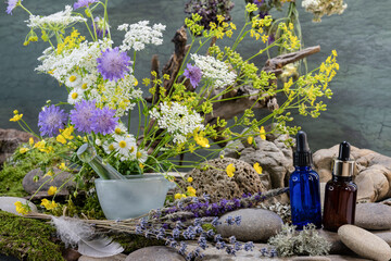 ecological bouquet, pipette bottles, pharmacological mortar, wild flowers, bouquet, bird feather,...