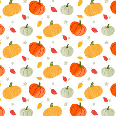 Seamless pattern with autumn yellow, green and orange pumpkins, leaves and flowers. Bright seamless Thanksgiving background for dishes and notebooks. Vector illustration for wallpaper and fabric.