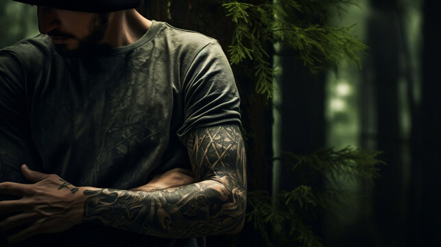 muscular man with nature themed tattoos in a forest