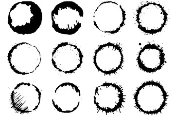 Black shapes of wine circle and coffee ring stains. Dirty splashes and spots Hand drawn tea or ink ring stains on white background. Vector illustration.