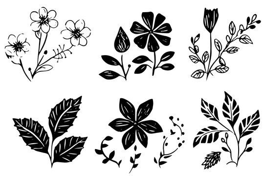 Set of lino cut grunge flower ink stamp. Pack of contemprorary texture elements. Vector illustration.