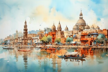 Watercolor artwork showcasing the skyline of Ahmedabad. Generative AI