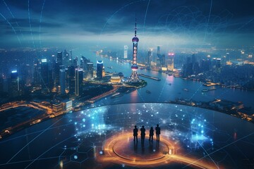 Fototapeta na wymiar Shanghai's vast city view for big data analysis. Generative AI