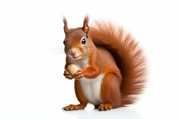 A red Japanese squirrel eating a hazelnut while its tail is up, against a white background. Generative AI