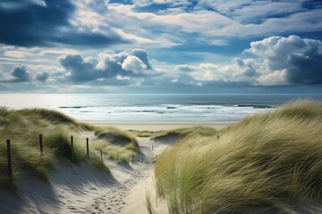 Scenic vista of the North Sea from dune summit. Generative AI