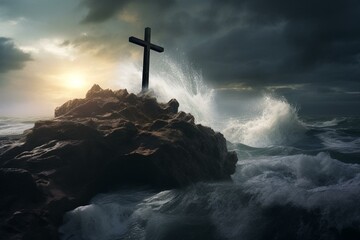A powerful image of a cross on a rock, with a massive wave crashing over it, under a dark sky. A testimony of faith in cinematic art. Generative AI