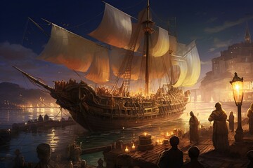 An illustration featuring an Arabian galley amidst a scene reminiscent of the Arabian Nights. Generative AI - obrazy, fototapety, plakaty