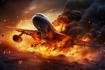 Aircraft explodes mid-air, engulfed in flames and smoke, highlighting risks, air disasters, and pilot errors. Generative AI