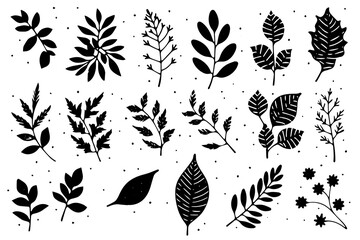Set of lino cut vector stamp black leaves and branch imprints on white background. Hand drawn floral elements.