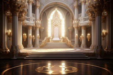 Ornate grand hall with a lavish empty throne. Designed using cutting-edge technology. Generative AI