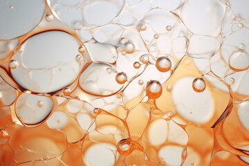 Translucent water droplets on geometric backdrop, resembling collagen serum. Generative AI