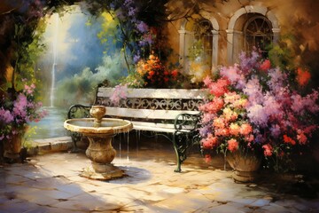 A garden painting with flowers, bench, and fountain. Generative AI