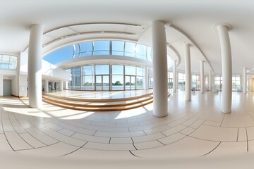 360° panorama view of a modern hall with doors and windows in an administrative building, ready for AR/VR content. Generative AI
