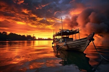Stunning scenery of a boat ablaze during twilight. Generative AI