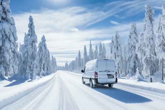 Mini van journeys on snowy Lapland highways during a winter road trip in Finland. Generative AI
