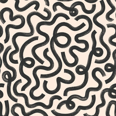Black paint organic brush strokes seamless pattern. Vector monochrome grunge background with wavy lines