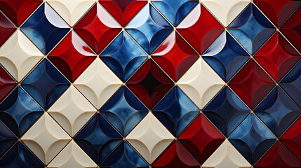 the tiled wall has two red white and blue patterns