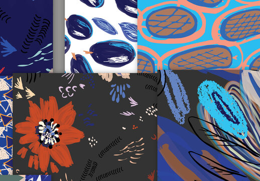 Seamless Pattern Collection with Hand Drawn Rough Abstract Strokes and Floral Elements