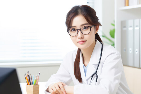 Empowering Care: Asian Female Doctor Confidence in Clinic - Embodiment of medical expertise and compassion as an Asian female doctor commands her clinic room.