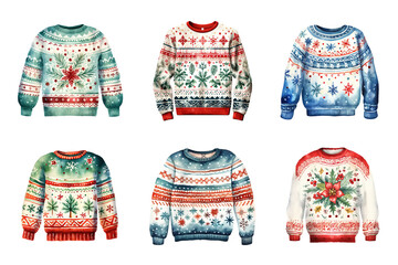 Generative AI, PNG Set of Christmas ugly sweater, watercolor style