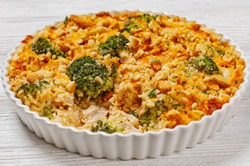 chicken rice broccoli casserole in baking dish