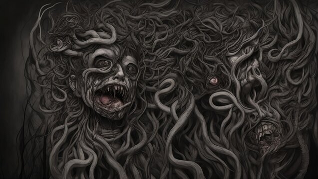 An patient AI art about terrifying images in the mind of a mental  .states of mind category.