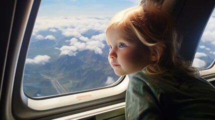 Fototapeta na wymiar Generative AI, cute child boy or girl looking out the window of an airplane, flying with children on air transport, a young pilot, a little passenger, big eyes, a dreamer, a beautiful view