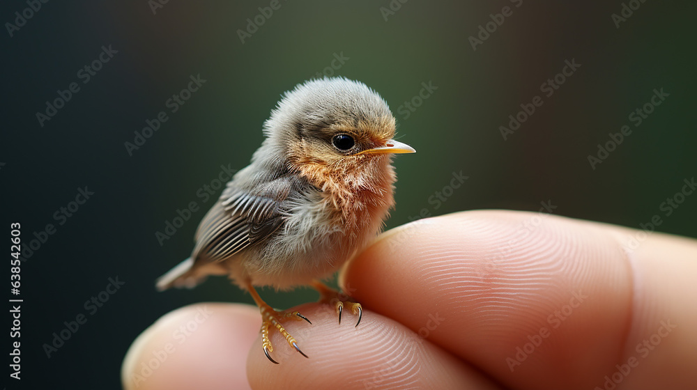 Wall mural a tiny bird sitting on the tip of the finger. made with generative ai