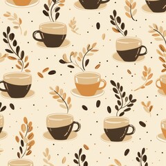 Coffee seamless pattern with coffee cups and leaves