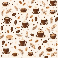 Obraz premium Coffee seamless pattern with coffee beans, leaves and coffee cups