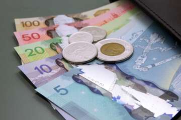 Canadian money, Currency of Canada. Stack of cash Canadian dollars on dark background.