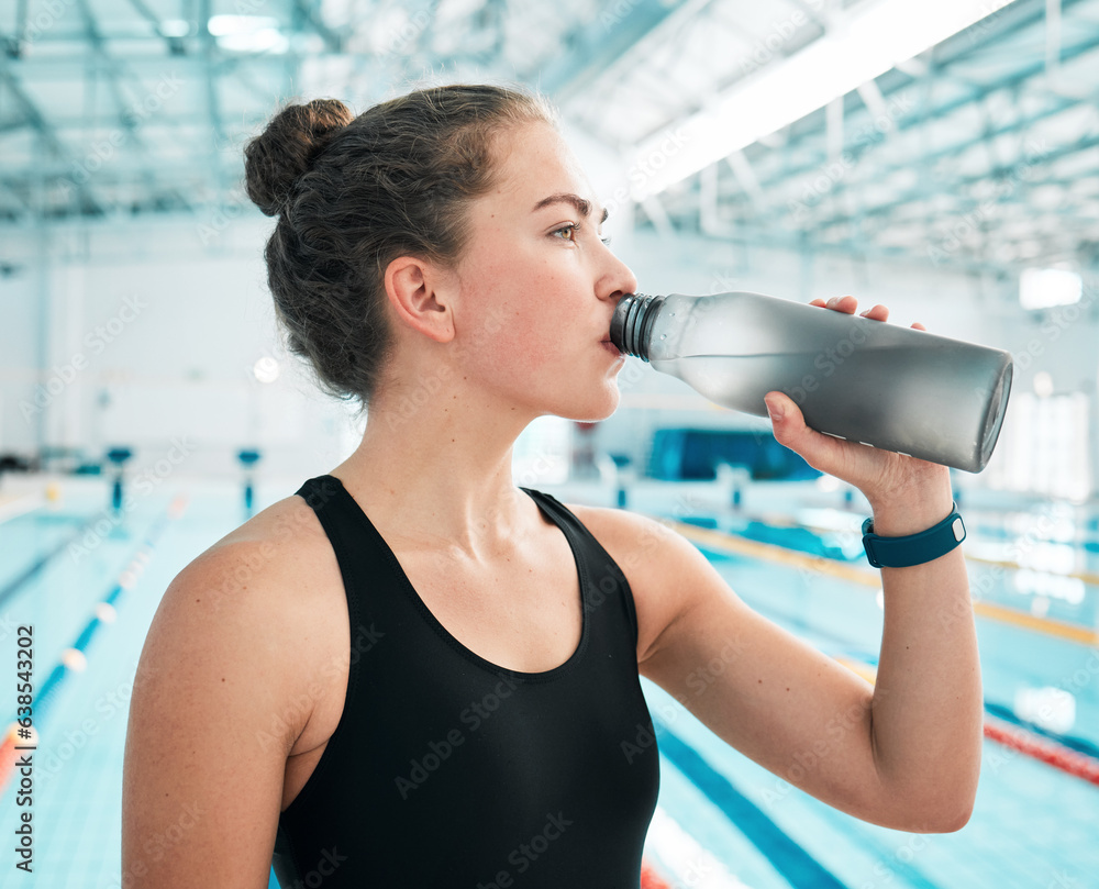 Canvas Prints Swimmer, sports or woman drinking water to relax on break after exercise, workout or fitness training. Hydrate, thinking or girl athlete with liquid bottle for wellness or health by swimming pool