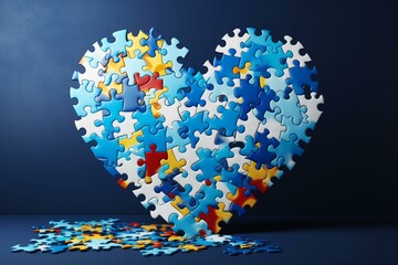 Artwork promoting national autism awareness month with a heart made of puzzle pieces. Generative AI - Powered by Adobe
