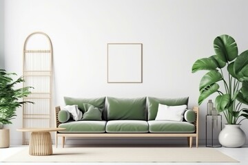 Modern living room with wooden frame mock up, sofa, and green plants on white wall. Generative AI