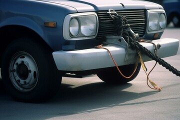 Close-up of vehicle on towed flatbed with cable. Generative AI