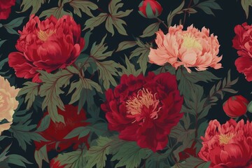 Floral pattern featuring red and pink peonies, adorned with lush leaves. Generative AI