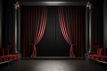 3D cinema screen with closed curtains. Generative AI