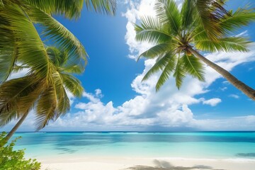 Sunny tropical beach getaway with coconut, magnolia, palm trees, and crystal-clear blue ocean. Generative AI
