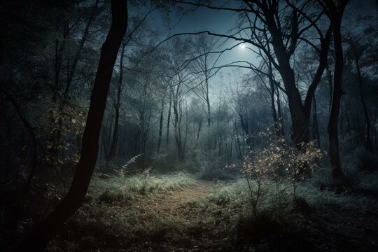 Nighttime woods with dense trees and faint moonlight. Generative AI