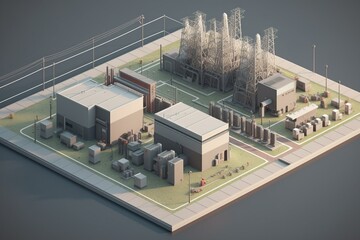3D illustration of an isometric schematic view of an electrical substation for power distribution. Generative AI - obrazy, fototapety, plakaty