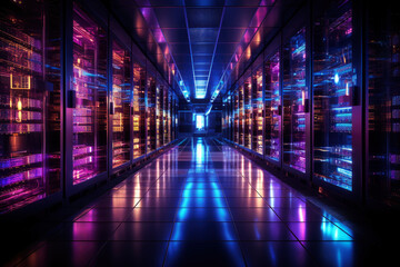 Server racks in computer network security server room, futuristic data center