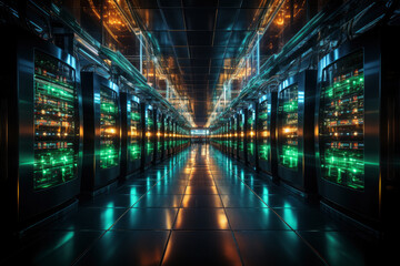 Fototapeta premium Server racks in computer network security server room, futuristic data center