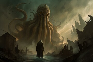 A digital artwork capturing the ascent of Cthulhu along with the impending doom of an apocalypse. Generative AI