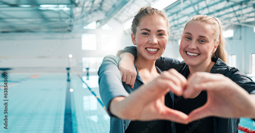 Poster Happy woman, swimming and heart hands in support, teamwork or care in sport fitness together at pool. Female person or professional swimmer with loving emoji, shape or symbol in team exercise or goal