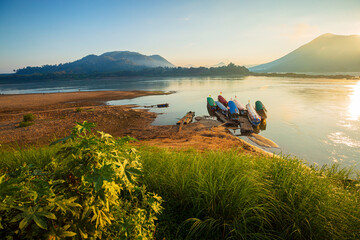 Mekong river and mountain scenery in the morning,Kaeng Khut couple scenery, Chiang Khan, Thailand 